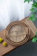 Set of 3 Round Decorative Brown Bamboo Woven Trays with Handles by HouseOfZazla