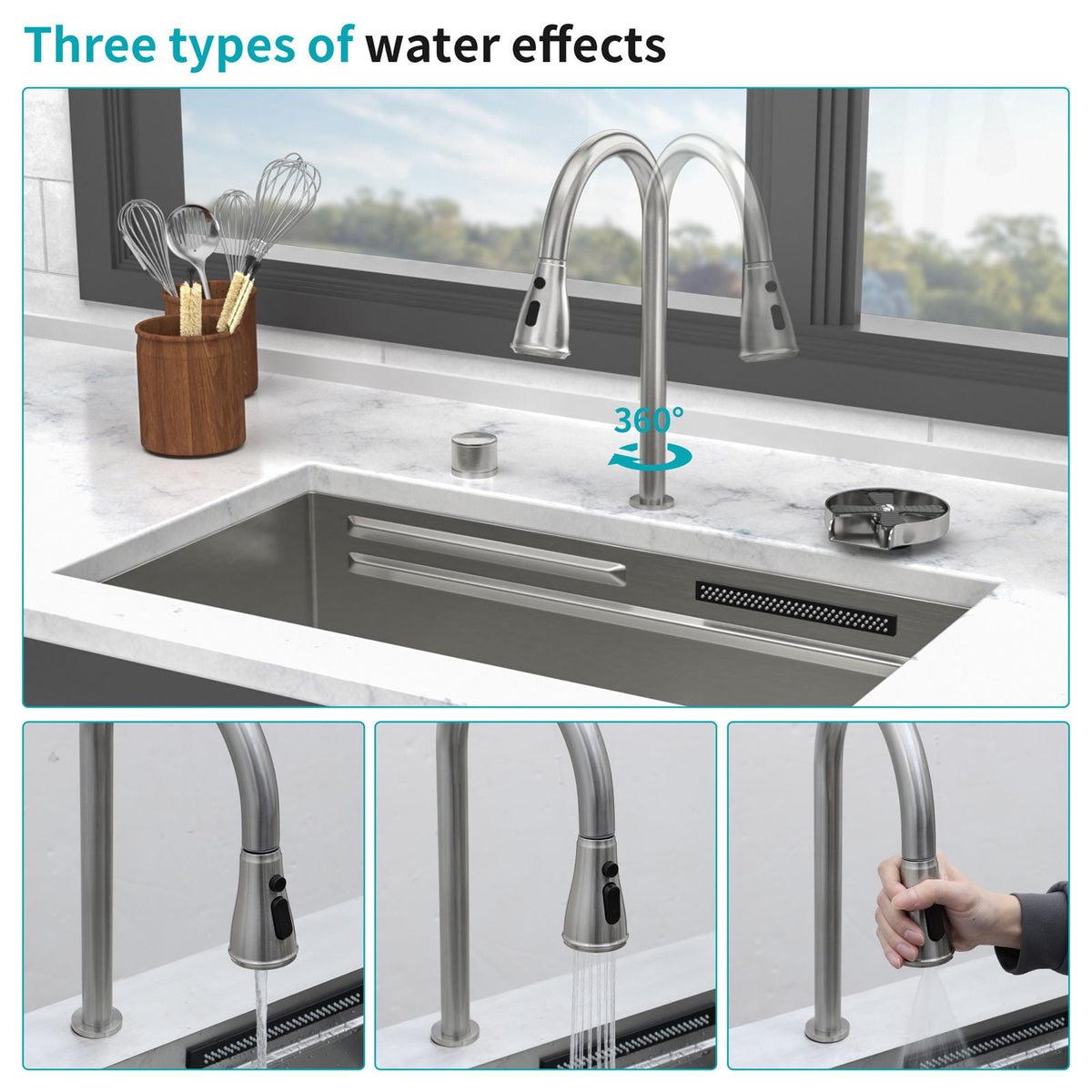 Undermount Stainless Steel Kitchen Sink With Pull Down Faucet & Ledge Workstation, photo 16 of 23