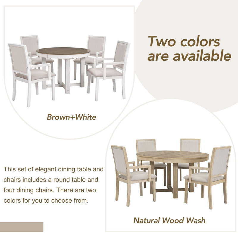 5-Piece Dining Table Set, Two-Size Round To Oval Extendable Butterfly Leaf Wood Dining Table and 4 Upholstered Dining Chairs with Armrests (Brown+White)