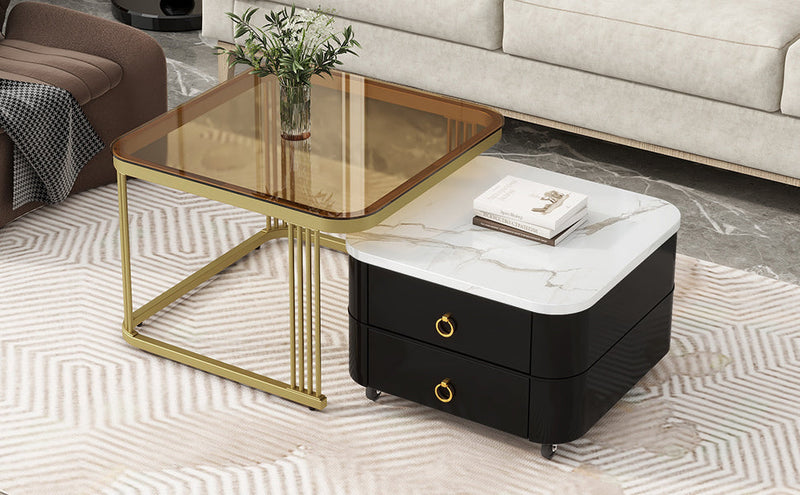 2-in-1 Square Nesting Coffee Table with Wheels & Drawers, Stackable Side Table with High Gloss Marble Grain Top, End Table Set with Brown Tempered Glass for Living Room, Black