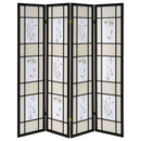 4 Panel Folding Screen With Floral Motif - Black