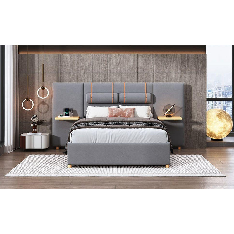 Full size upholstered platform bed with two outlets and USB charging ports on both sides, two bedside pillows, storage shelf, Velvet,Gray