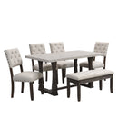 6 Person Dining Table Set, 60 inch Kitchen Table Set for 6 People,4 Chairs with Backrest,2-Person Tufted Seat Bench, Grey Tabletop