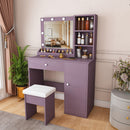 Purple Vanity Desk with Lighted Mirror & Padded Stool