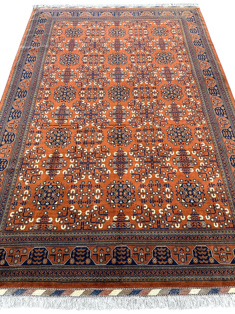 Hand-Knotted Afghani Bukharayi Rug | 6'7" x 10' Wool Area Carpet – Traditional Geometric Design