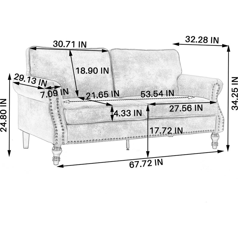 68 Inch Nailhead Trim Couches for Living Room, 22' Deep Seat Rolled Arm Sofa, Faux Leather Couch Upholstered SofaComfy Upholstered 2 Seater Sofa, w/Wooden Leg, Large Traditional Sofa for Bedroom