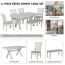 6-Piece Retro 59"L Rectangular Dining Table Set, Table with Unique Legs and 4 Upholstered Chairs & 1 Bench for Dining Room and Kitchen (White)