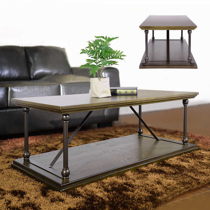 47.2" X 23.6"D X 16.9" H Country Style Coffee Table with Bottom Shelf - BROWN & BLACK