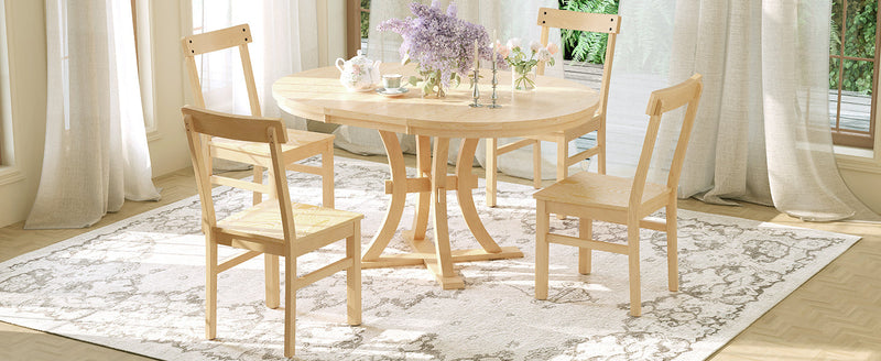 5-Piece Rustic Round Pedestal Extendable Dining Table Set with 15.7" Removable Leaf and Simple Dining Chirs for Small Places, Natural