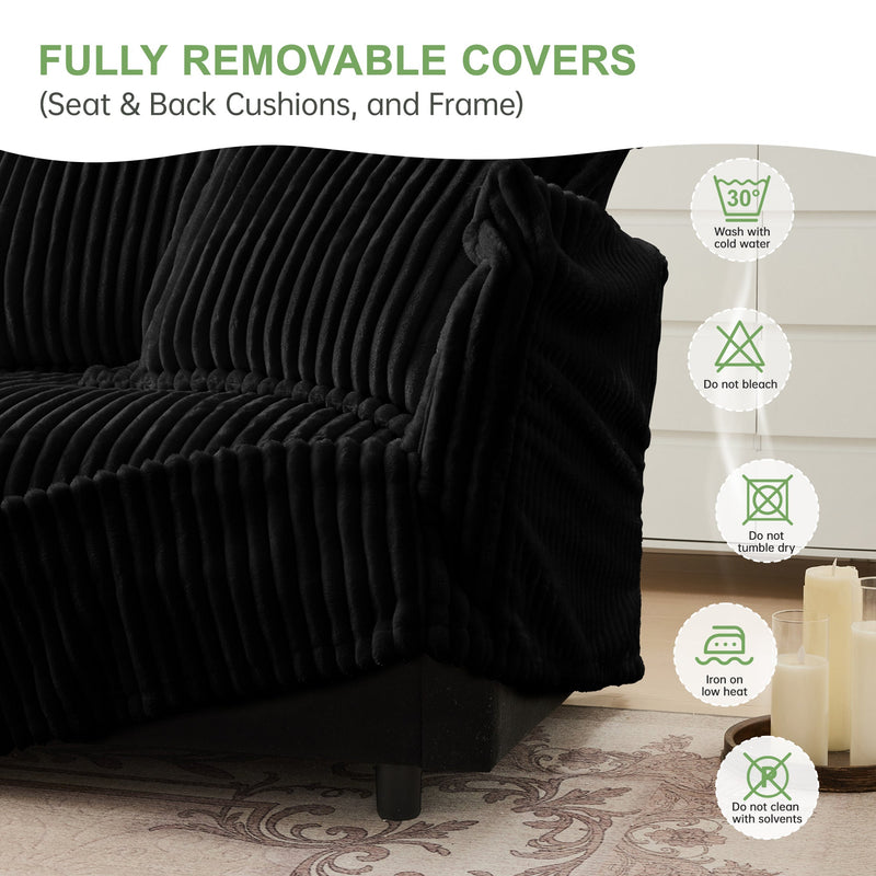 L-Shaped Slipcovered Sectional Sofa Couch, Comfy Deep Seat Cloud Couch with Convertible Ottoman & 2 Big Pillows, Modern Oversized 3 Seater Slipcovered Sofa Set for Living Room Office, Black Corduroy