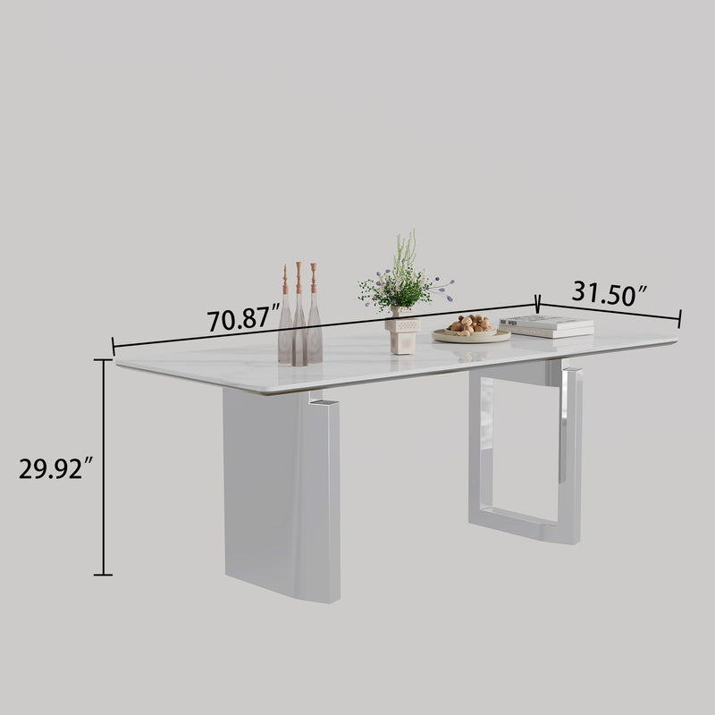 0.47" Thick Sintered Stone Composite Tempered Glass Top Rectangular Dining Table with Stainless Steel Base