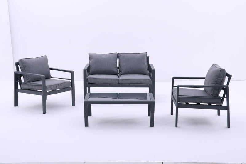 4-piece Aluminum Outdoor Patio Conversation Set,All-Weather Sectional Sofa Outside Furniture with Removable Cushions and Tempered Glass Coffee Table for Courtyard,Poolside,Deck,Balcony(Grey)