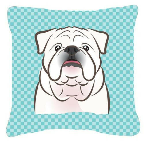 Checkerboard Blue White English Bulldog  Canvas Fabric Decorative Pillow BB1158PW1414