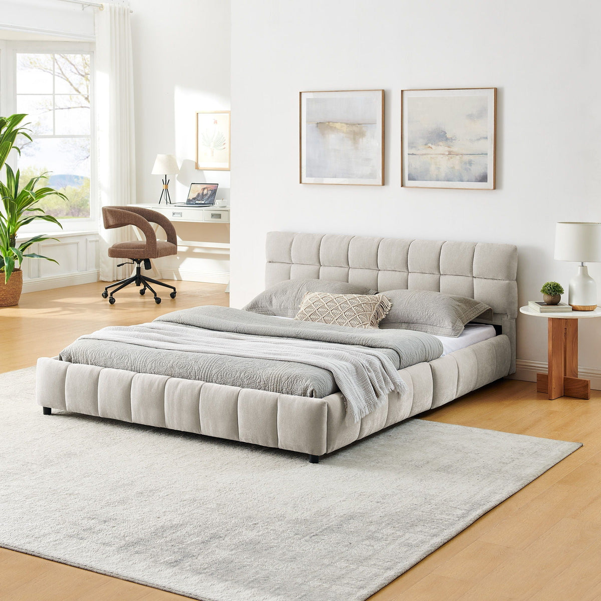 Modern Platform Bed Frame With Thick Fabric, photo 25 of 33