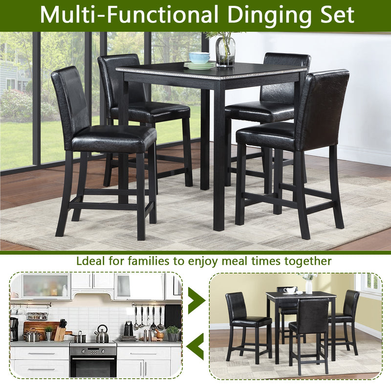 5 Piece Counter Height Table Set, Wooden Kitchen Table Set with Square Table and 4 Upholstered Chairs, Counter Height Dining Table with Crystal Decoration and Chair Set for Kitchen, Dining Room,Black