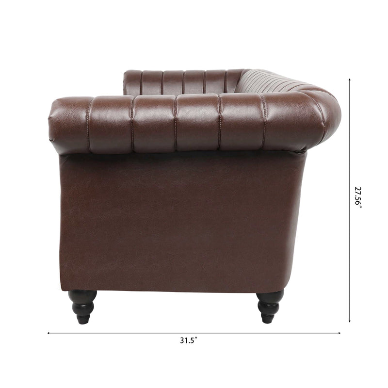 83.46" Brown PU Rolled Arm Chesterfield Three Seater Sofa.