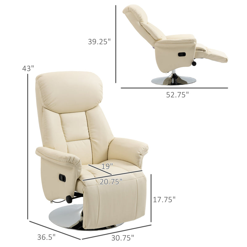 Manual Recliner Chair for Adults, Adjustable Swivel Recliner with Footrest, Padded Arms, PU Leather Upholstery and Steel Base for Living Room, Cream White