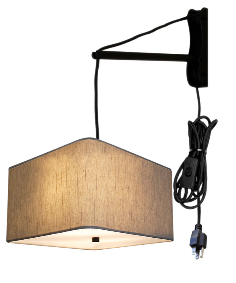 MAST Plug-In Wall Mount Pendant, 2 Light White Cord/Arm with Diffuser, Rounded Corner Square Oatmeal Drum Shade 16"W