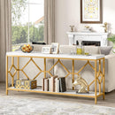 Extra Long Sofa Table With Diamond Pattern Frame, 2 Tier Open Storage For Living Room - White / Gold by HouseOfZazla