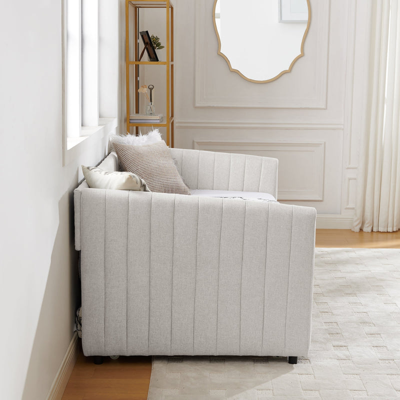 Twin Size Daybed with Trundle Upholstered Sofa Bed, with Vertical Stripes, Linen Fabric, Beige  (82.5'x43'x30')