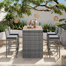 5-piece Outdoor Patio Wicker Bar Set, Bar Height Chairs With Non-Slip Feet And Fixed Rope, Removable Cushion, Acacia Wood Table Top, Brown Wood And Gray Wicker by Montret