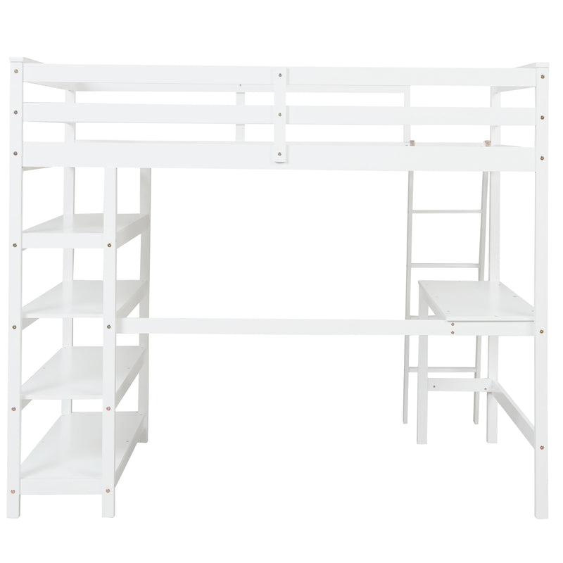 Loft Bed Full with desk,ladder,shelves, White