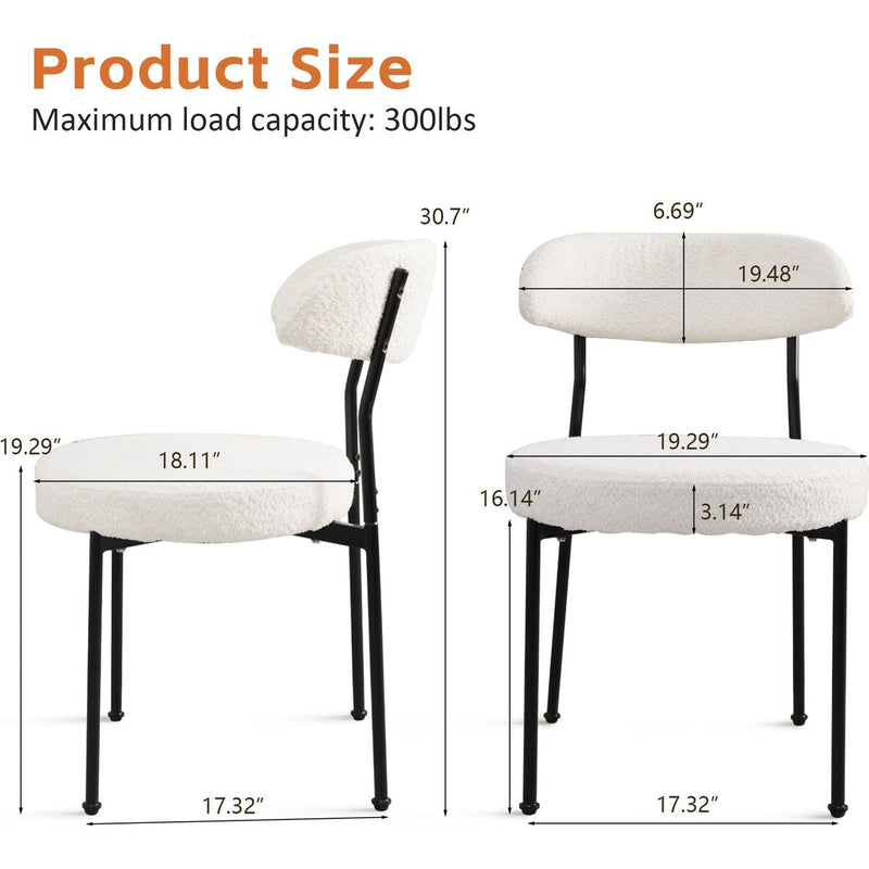 Boucle Upholstered Dining Chairs with Curved Backrest & Metal Legs Set of 2, Beige