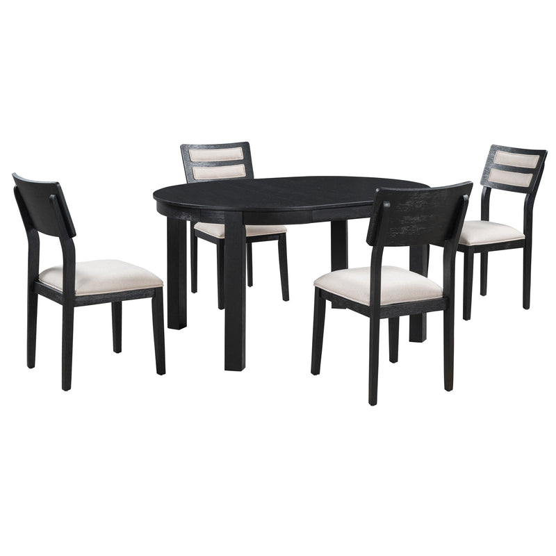 5-Piece Multifunctional Dining Table Set, Farmhouse Dining Set with Extendable Round Table,Two Small Drawers and 4 Upholstered Dining Chairs for Kitchen and Dining Room (Black)