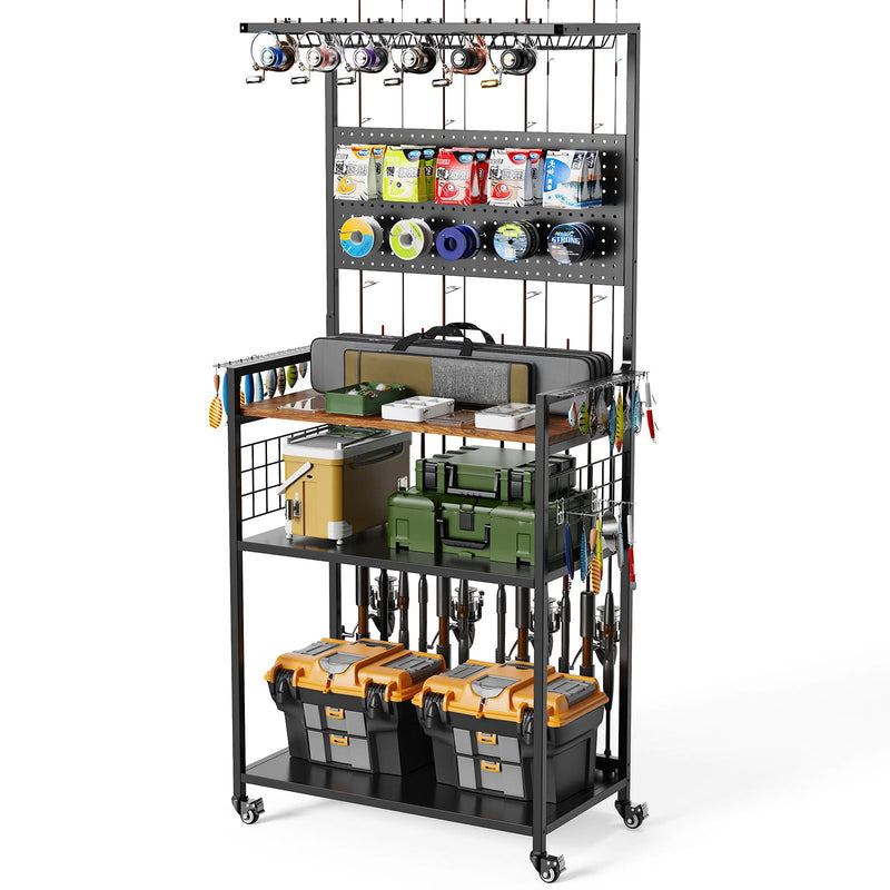 Fishing Rod Storage Rack With Pegboard, Rolling Tackle Organizer Cart - Black, photo 9 of 13