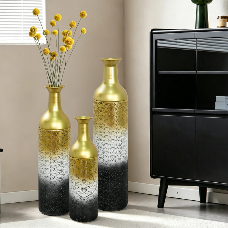 Decorative Metal Vases Set of 3, Leaf Pattern Floor Vases, photo 4 of 10