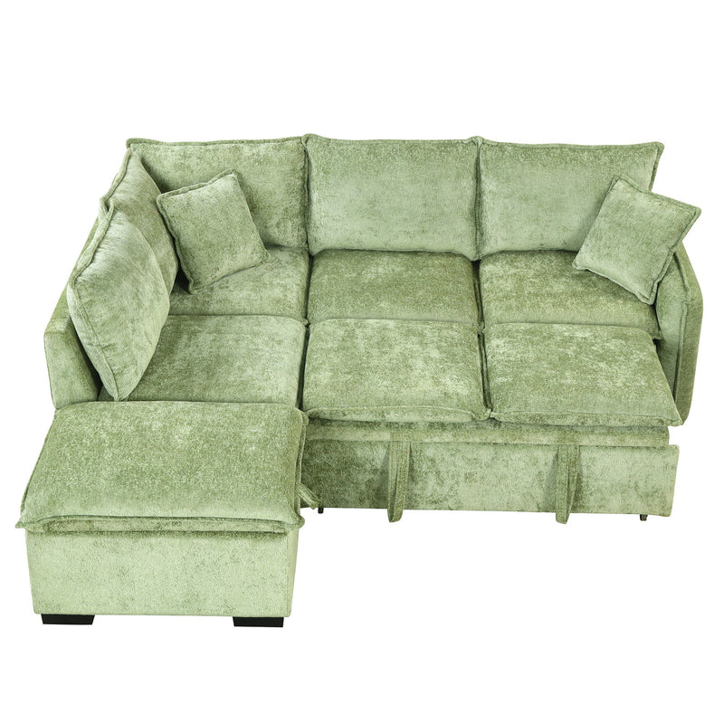 82.67"Convertible Sofa Bed Sectional Sofa Sleeper L-shaped Sofa with a Storage Ottoman,Two Pillows, Two Power Sockets and Two USB Ports for Living Room, Green
