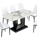 7-Piece Faux Marble Dining Table Set, Glass Rectangular Kitchen Table for 6-8, Modern White Faux Marble Dining Room Table with MDF Base, Dining Table & 6 Chairs