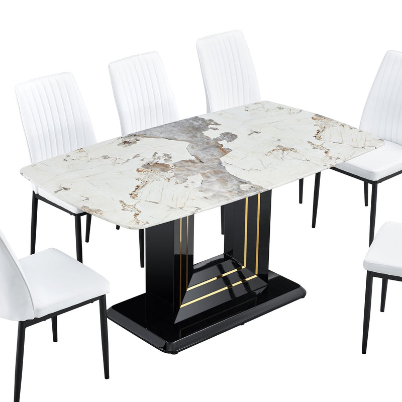 7-Piece Faux Marble Dining Table Set, Glass Rectangular Kitchen Table for 6-8, Modern White Faux Marble Dining Room Table with MDF Base, Dining Table & 6 Chairs