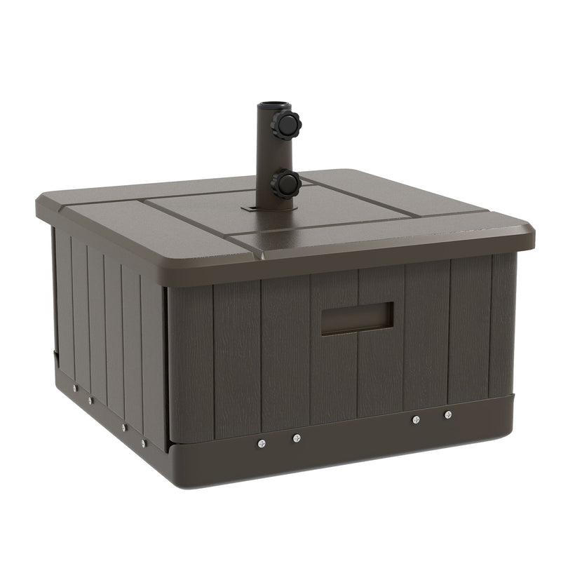 3-in-1 Outdoor Umbrella Base, Coffee End Table, Flower Box Planter with Drain Hole, 175 lbs. Capacity Fillable Patio Umbrella Stand Table with Wheels and Handles, Brown