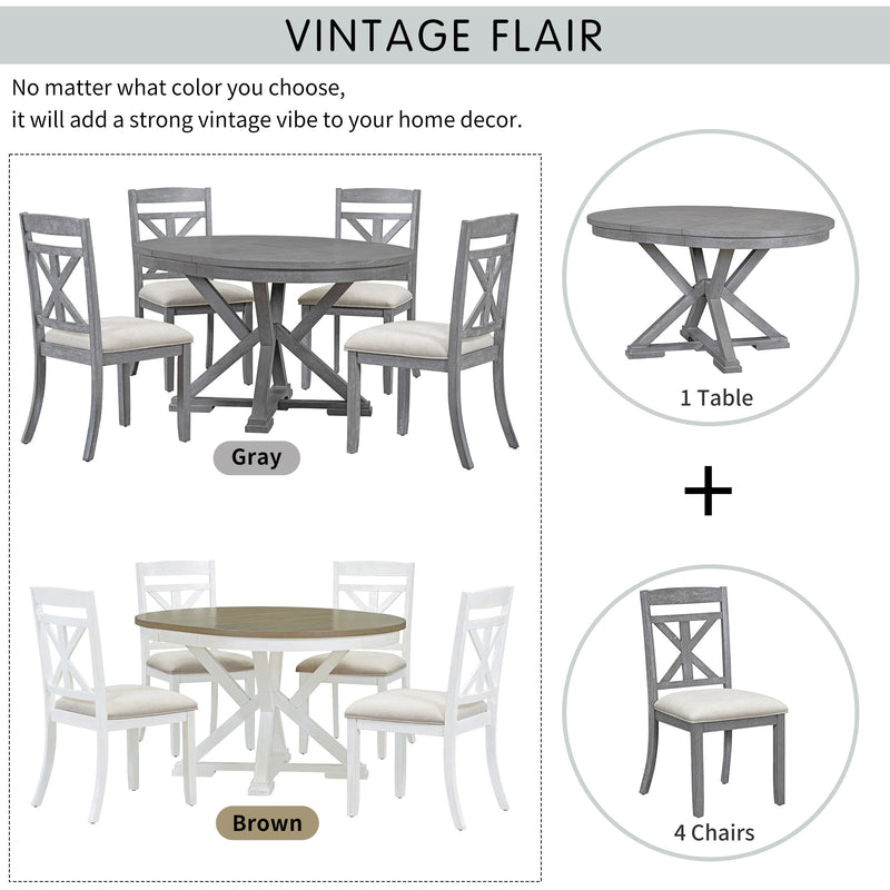 5-Piece Retro Functional Dining Table Set Extendable Round Table and 4 Upholstered Chairs for Dining Room and Living Room (Grey)