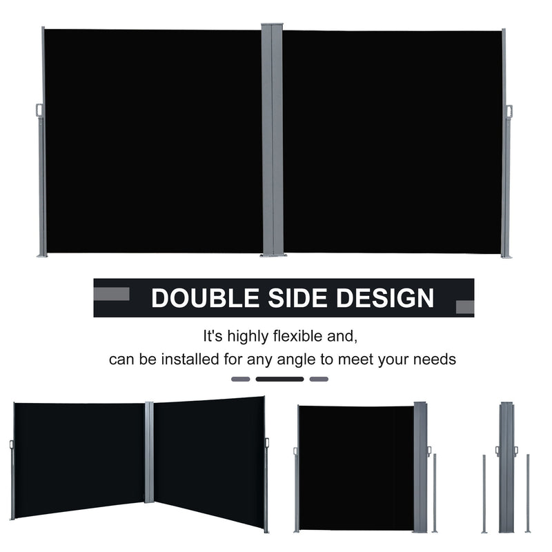 20' Double Retractable Patio Side Awning Garden Sun Shade with UV-Fighting Screen, Auto Pull-Back Function, & Steel Frame, Outdoor or Indoor Use, Black