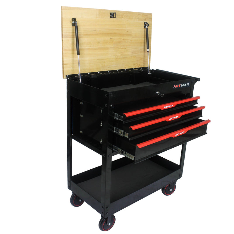 3 DRAWERS MULTIFUNCTIONAL TOOL CART WITH WHEELS AND WOODEN TOP