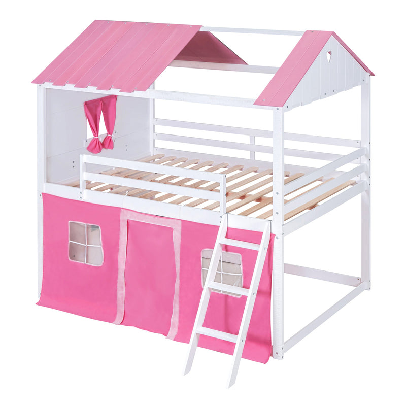 Full Size Bunk Wood House Bed with Elegant Windows, Sills and Tent, Pink+White