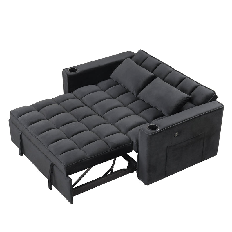 55.3" 4-1 Multi-functional Sofa Bed with Cup Holder and USB Port for Living Room or Apartments Black