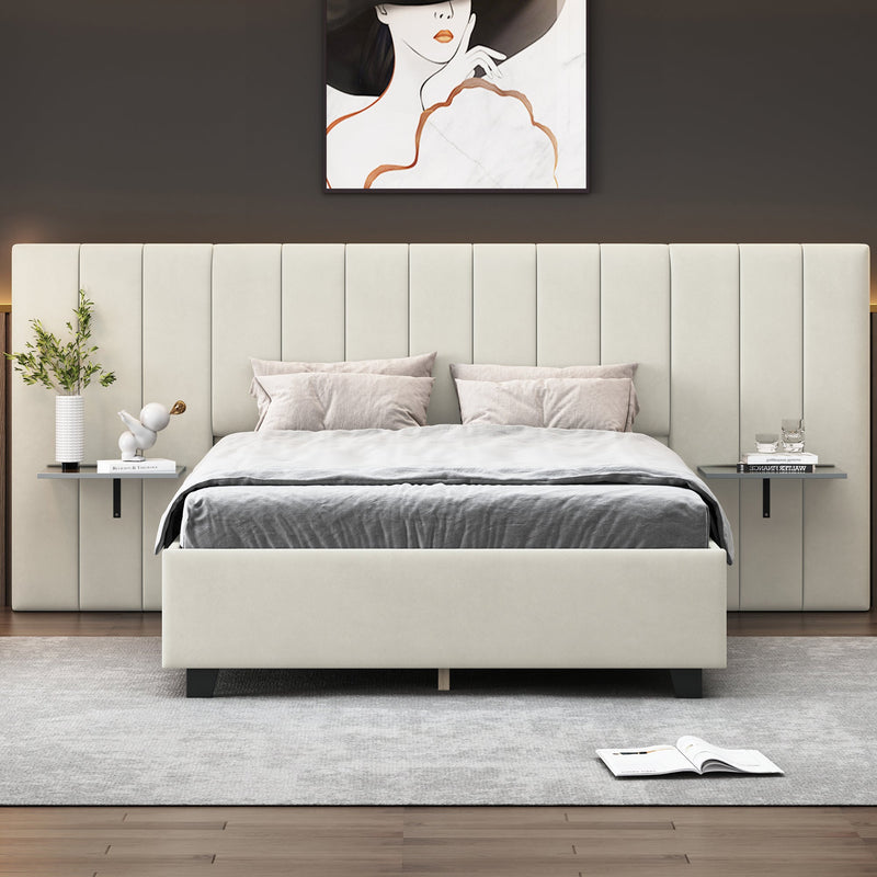 Walker Edison - Full Size Upholstered Platform Bed with Big Headboard, Bedroom Furniture, Velvet, Beige