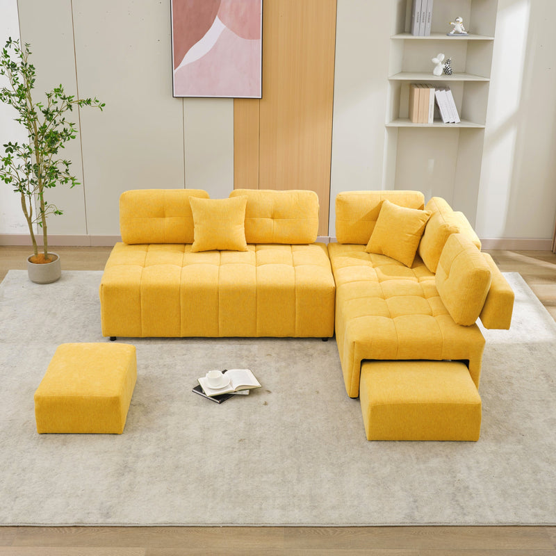 91.73" L-shaped Sofa Sectional Sofa Couch with 2 Stools and 2 Lumbar Pillows for Living Room, Yellow