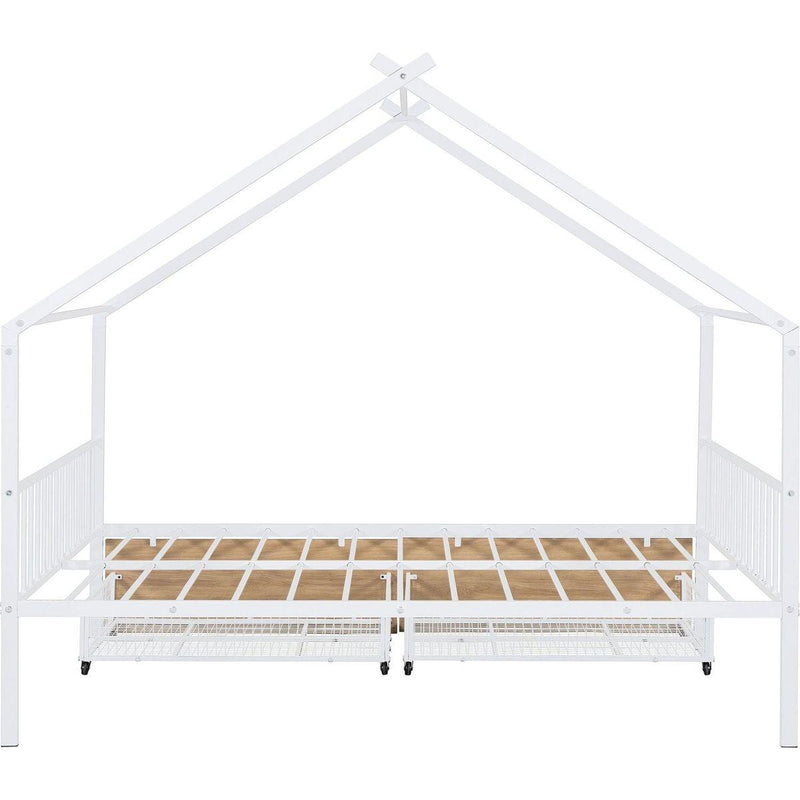 Full Size Metal House Bed with Two Drawers, White