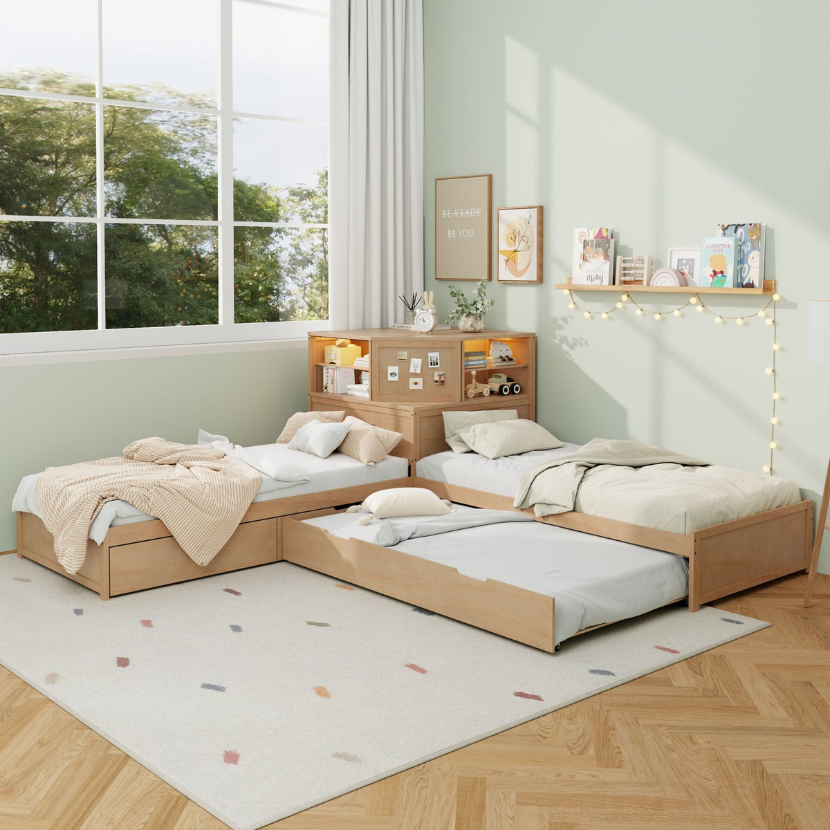 L-Shaped Bed Frame With Trundle, Built In Desk & LED Lighting, photo 23 of 31