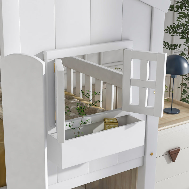 Twin over Twin House Bunk Bed with Roof, Window, Window Box, Door, with Safety Guardrails and Ladder, White