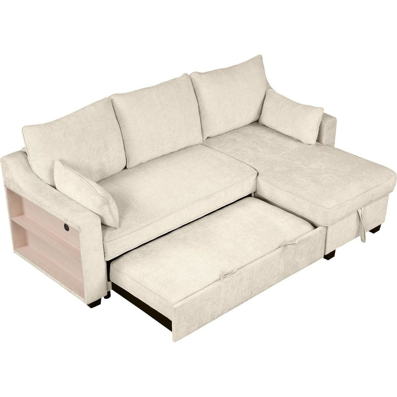 90" Pull Out Sleeper Sofa L-Shaped Couch Convertible Sofa Bed with Storage Chaise, Storage Racks and USB Ports (SG001340AA), Beige