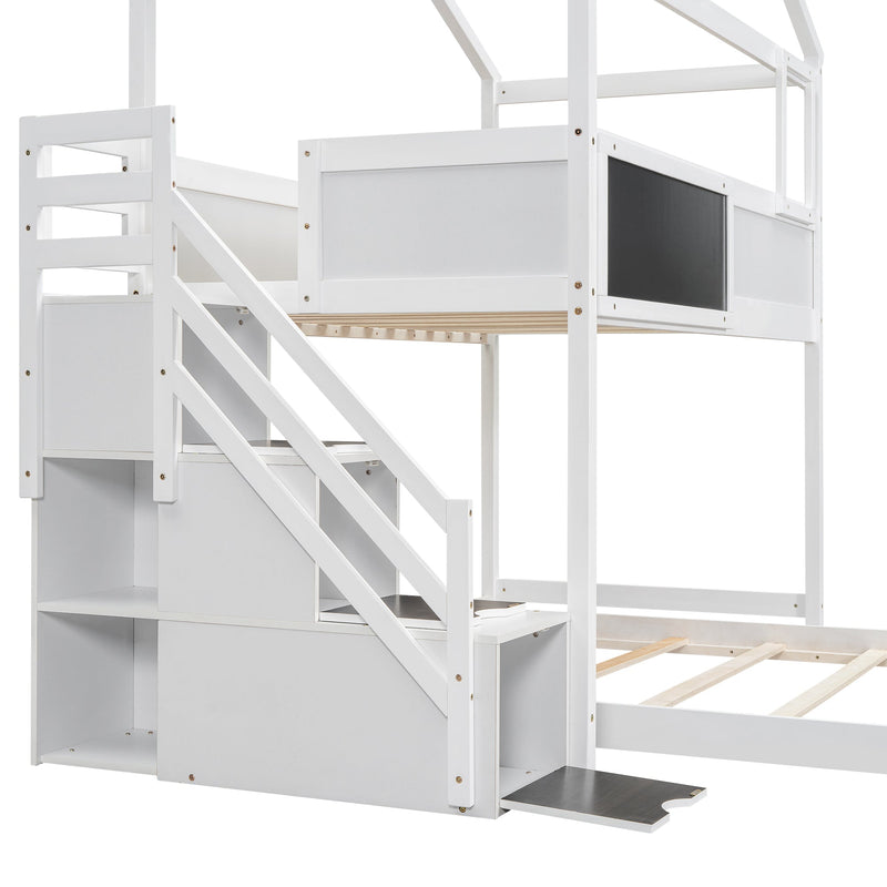 Walker Edison | Twin over Full House Bunk Bed with Storage Staircase and Blackboard, White