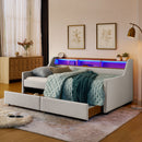 Twin Upholstered Sofa Bed With LED Lights, Storage Drawers, Adjustable Headboard & Wireless Charging - Beige by HouseOfZazla