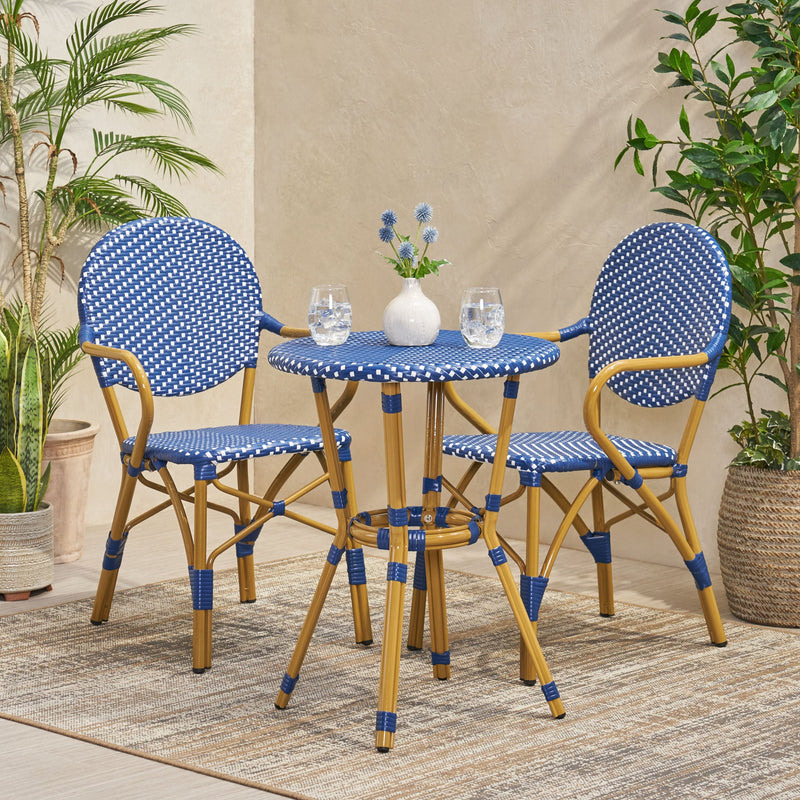 Walker Edison - Outdoor PE Rattan and Aluminum 3 Piece French Bistro Set, Dark Teal & White, and Bamboo Finish