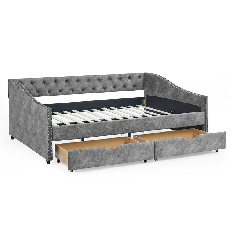 Full Size Daybed with Drawers Upholstered Tufted Sofa Bed, with Button on Back and Copper Nail on Waved Shape Armsrey0.5"55.5"27.5"