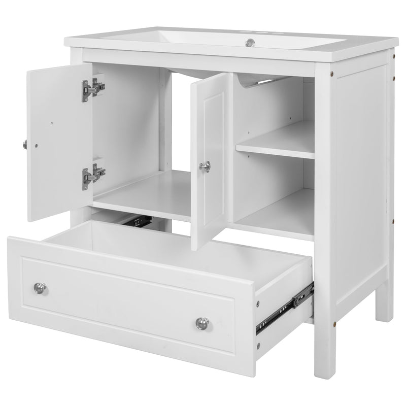 30" Bathroom Vanity with Sink, Bathroom Storage Cabinet with Doors and Drawers, Solid Wood Frame, Ceramic Sink, White